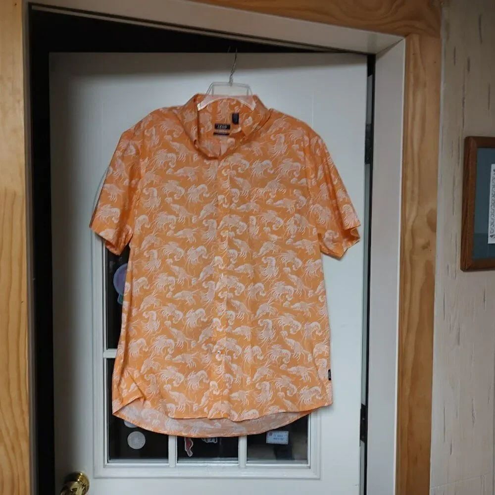 Izod Orange Lobsters Stretch Poplin Short Sleeve Button Down Shirt Men's XL